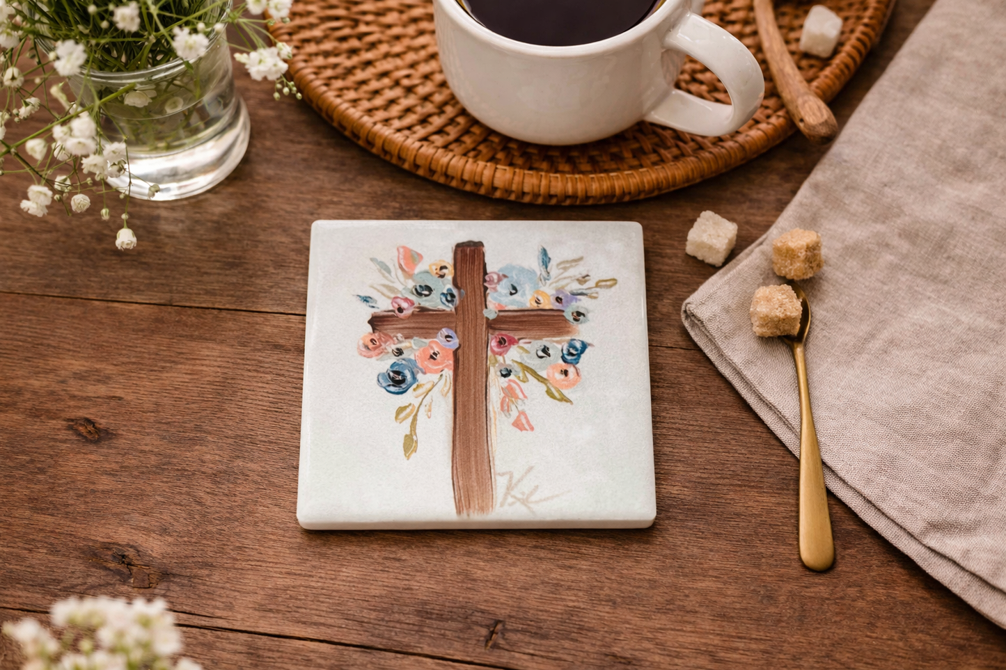 GA Cross with Flowers Coaster