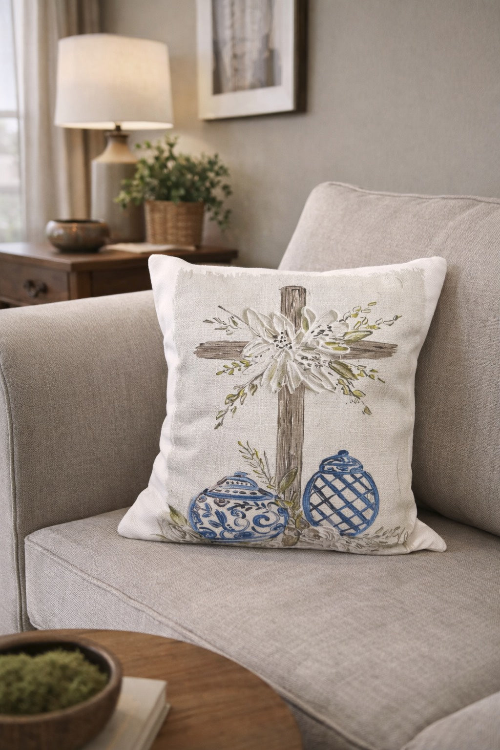 GA Cross with Blue Vase Pillow