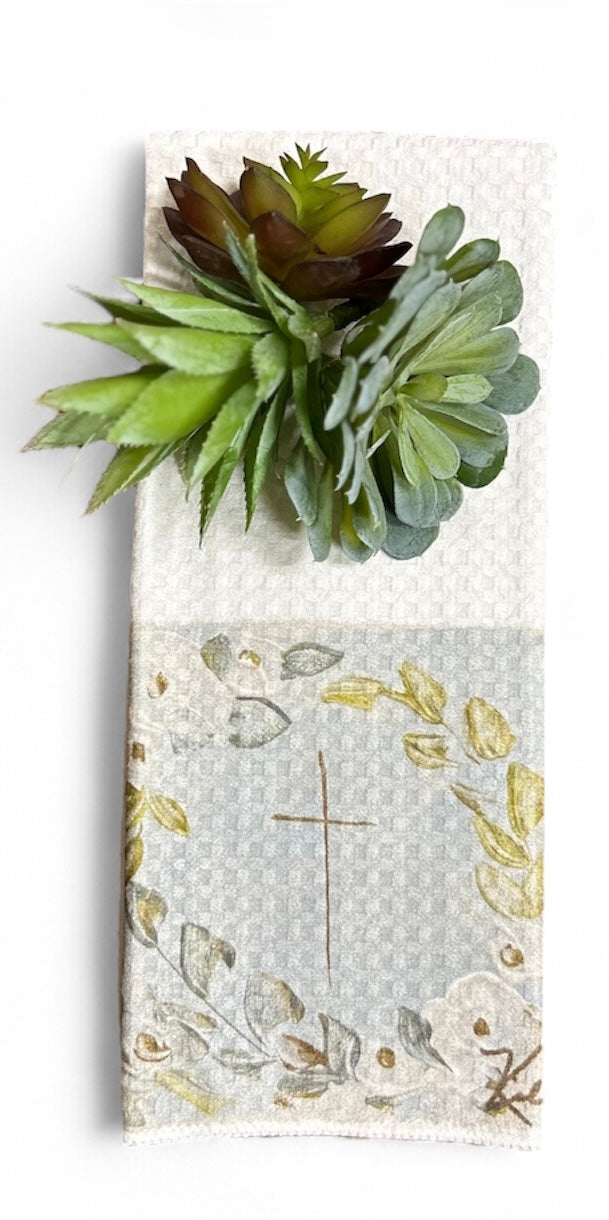 GA Cross White Flowers Tea Towel