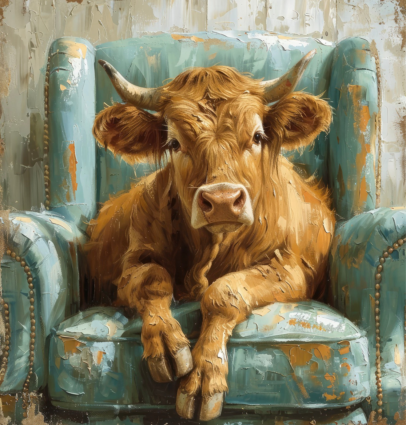 Cow Turquoise Chair Framed Art