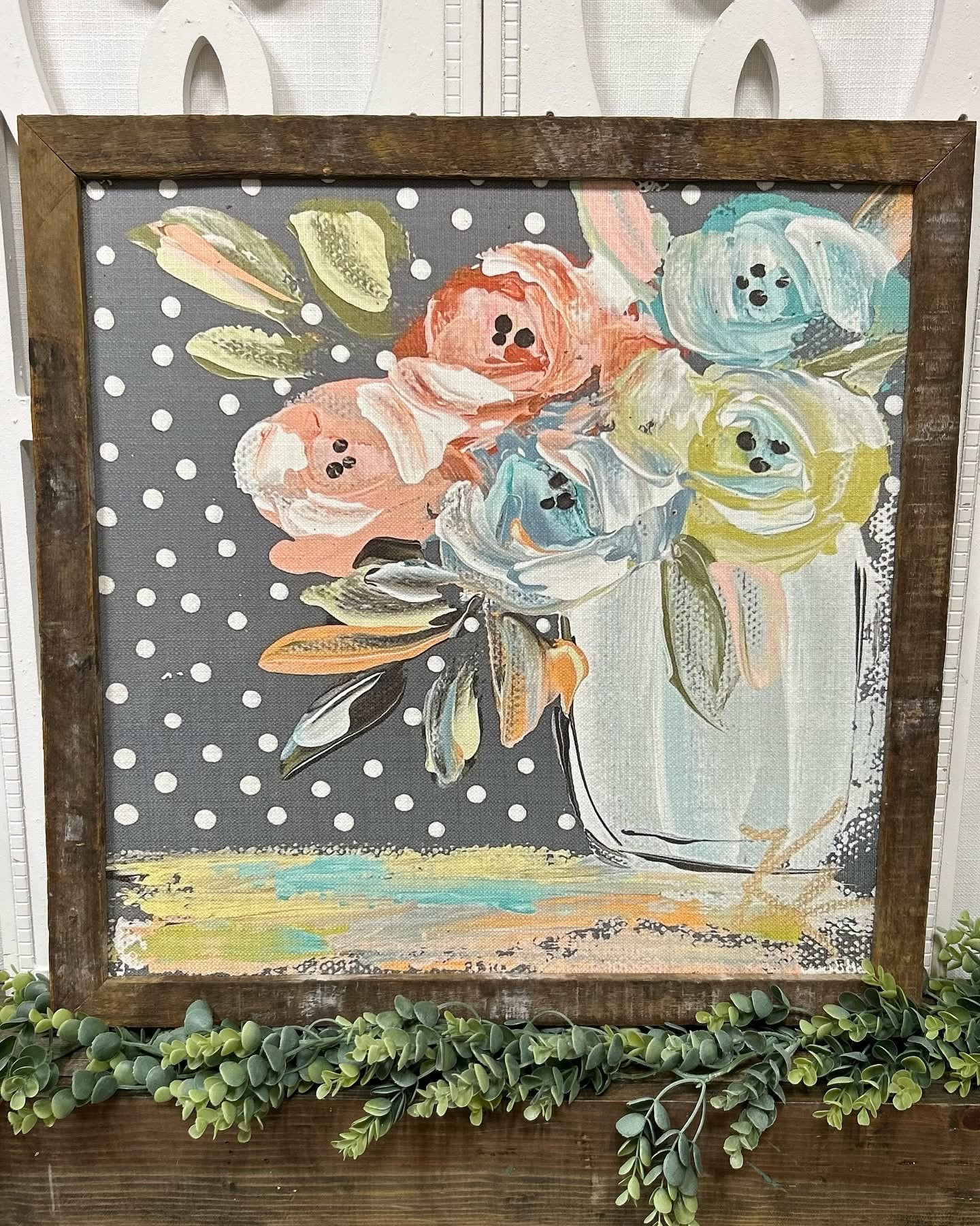 Polka Dot Floral Framed Art 36x36 or 42x42