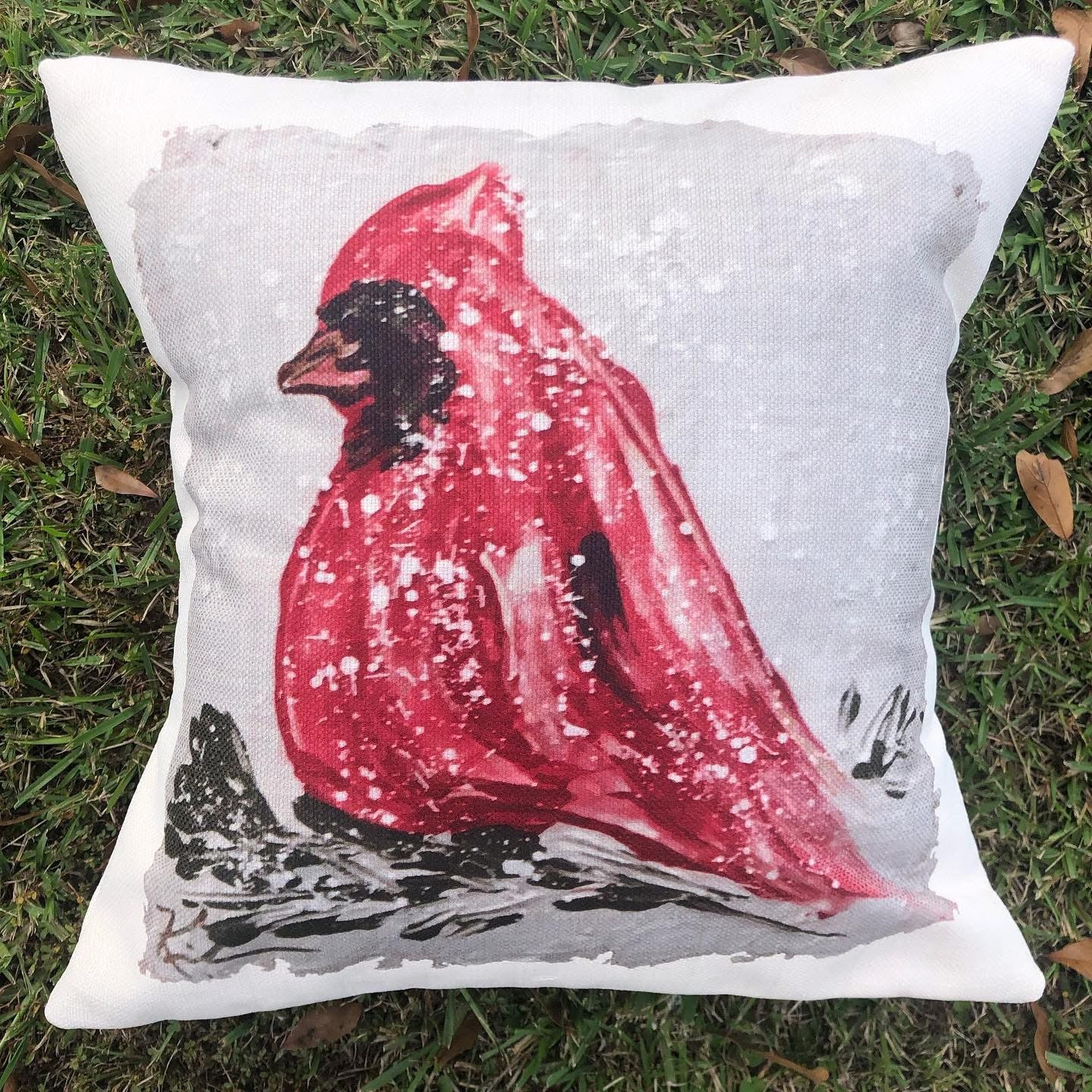 Red Bird In The Snow Pillow