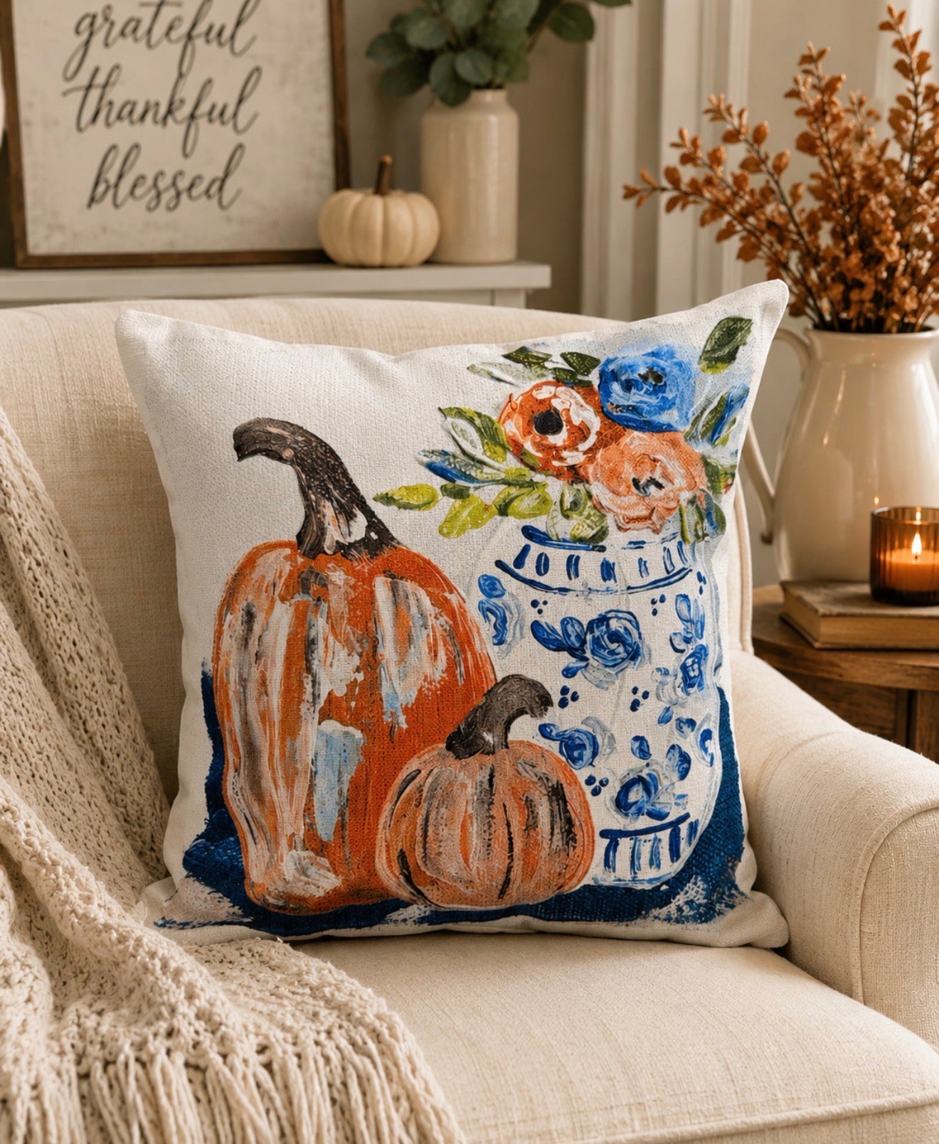 GA Chinoiserie Vase & Pumpkins Pillow