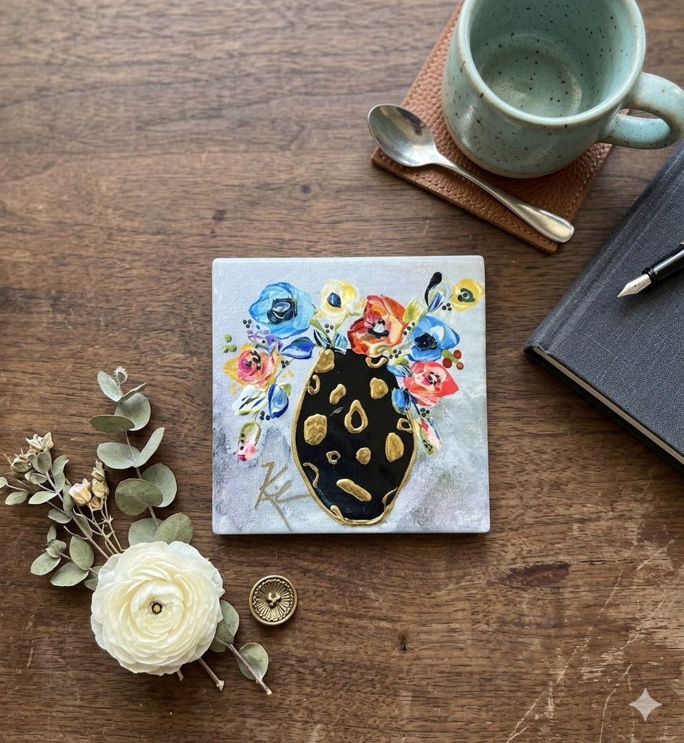 Black & Gold Vase Floral Coaster