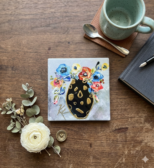 Black & Gold Vase Floral Coaster