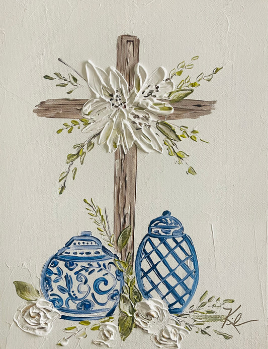 GA Cross with Blue Vase Framed Art