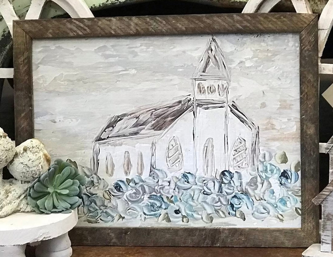 Church With Blue Flowers Framed Art