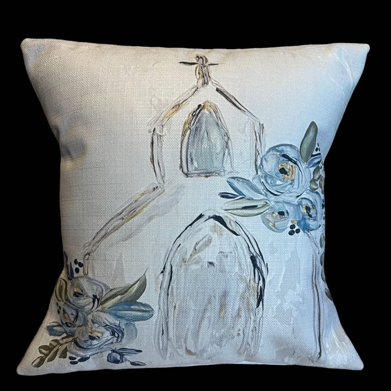 Church With Blue Flowers Pillow