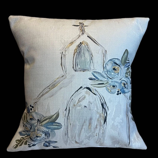 Church With Blue Flowers Pillow
