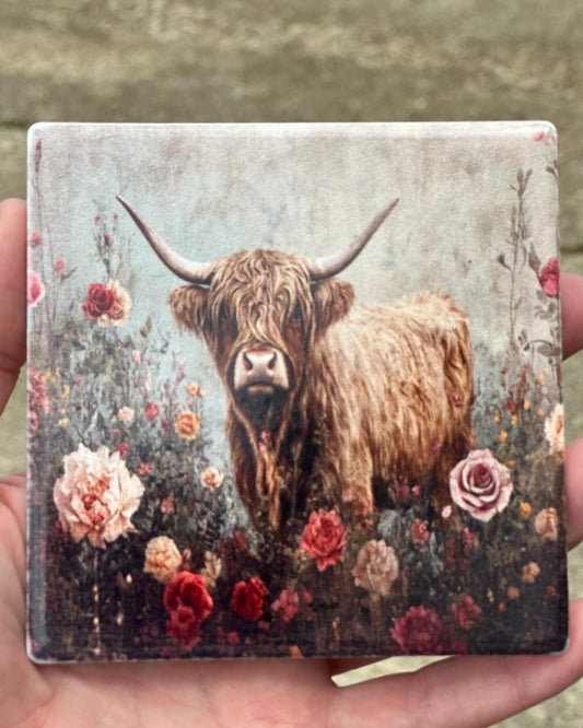 Highland Cow Floral Coaster