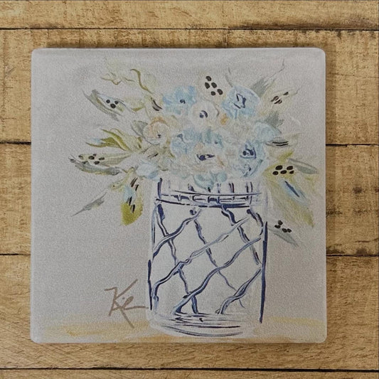 Pastel Flowers With Blue & White Vase Coaster