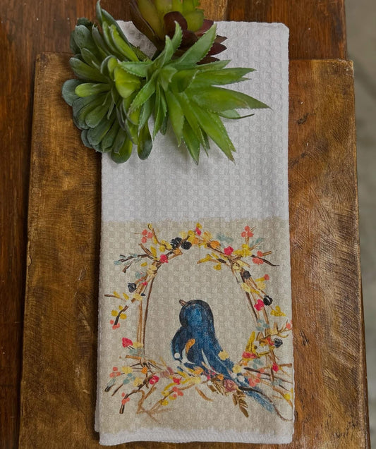 Blue Bird Floral Tea Towel