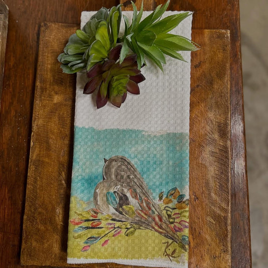 Brown Bird Teal Background Tea Towel