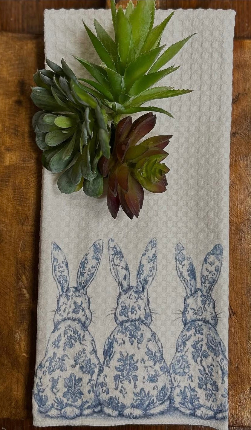 Blue Chinoiserie Triple Bunny Tea Towel