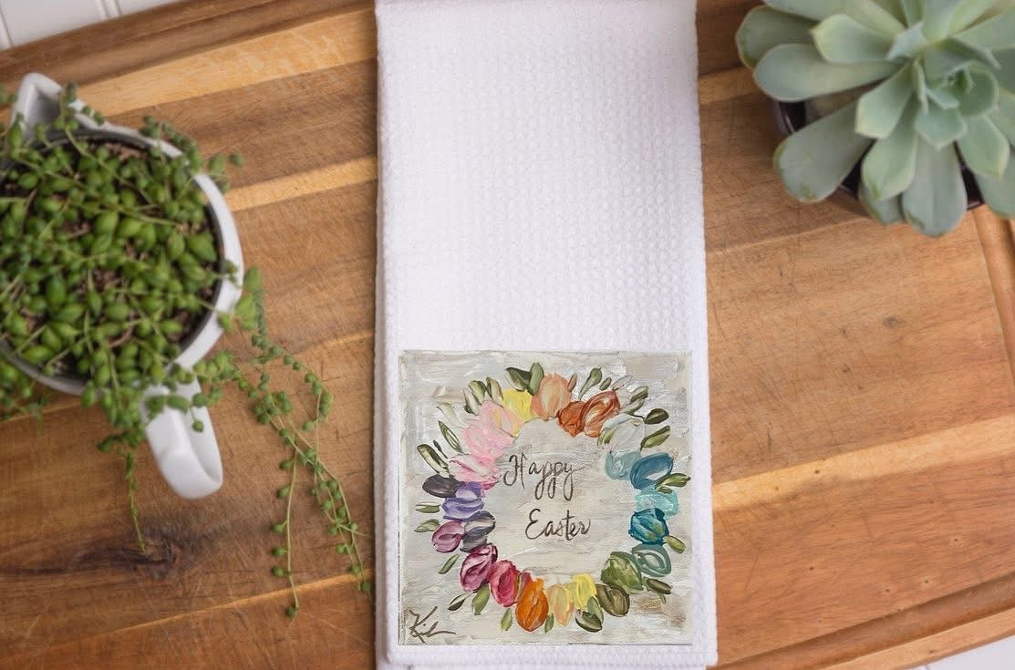 Happy Easter Wreath Tea Towel