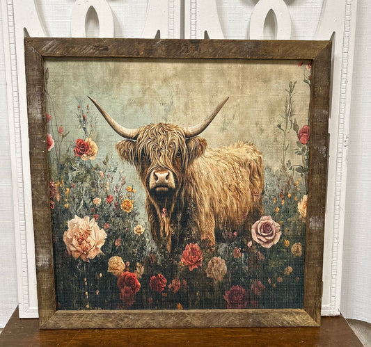 Highland Cow Floral Framed Art