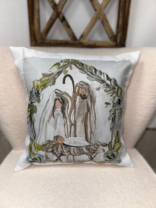 Nativity With Greenery Pillow