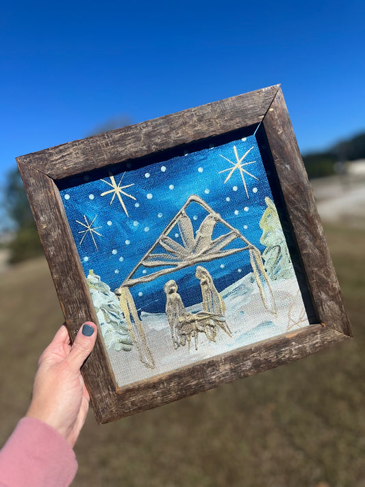 Gold & Navy Nativity Framed Art 36x36 or 42x42